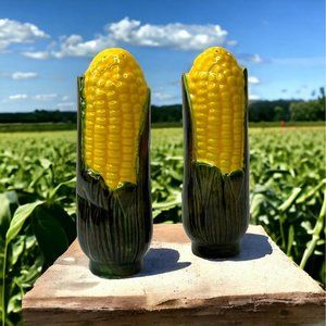 Ear of Corn Salt and Pepper Shakers 5" Green Yellow Vegetables Picnic Decor